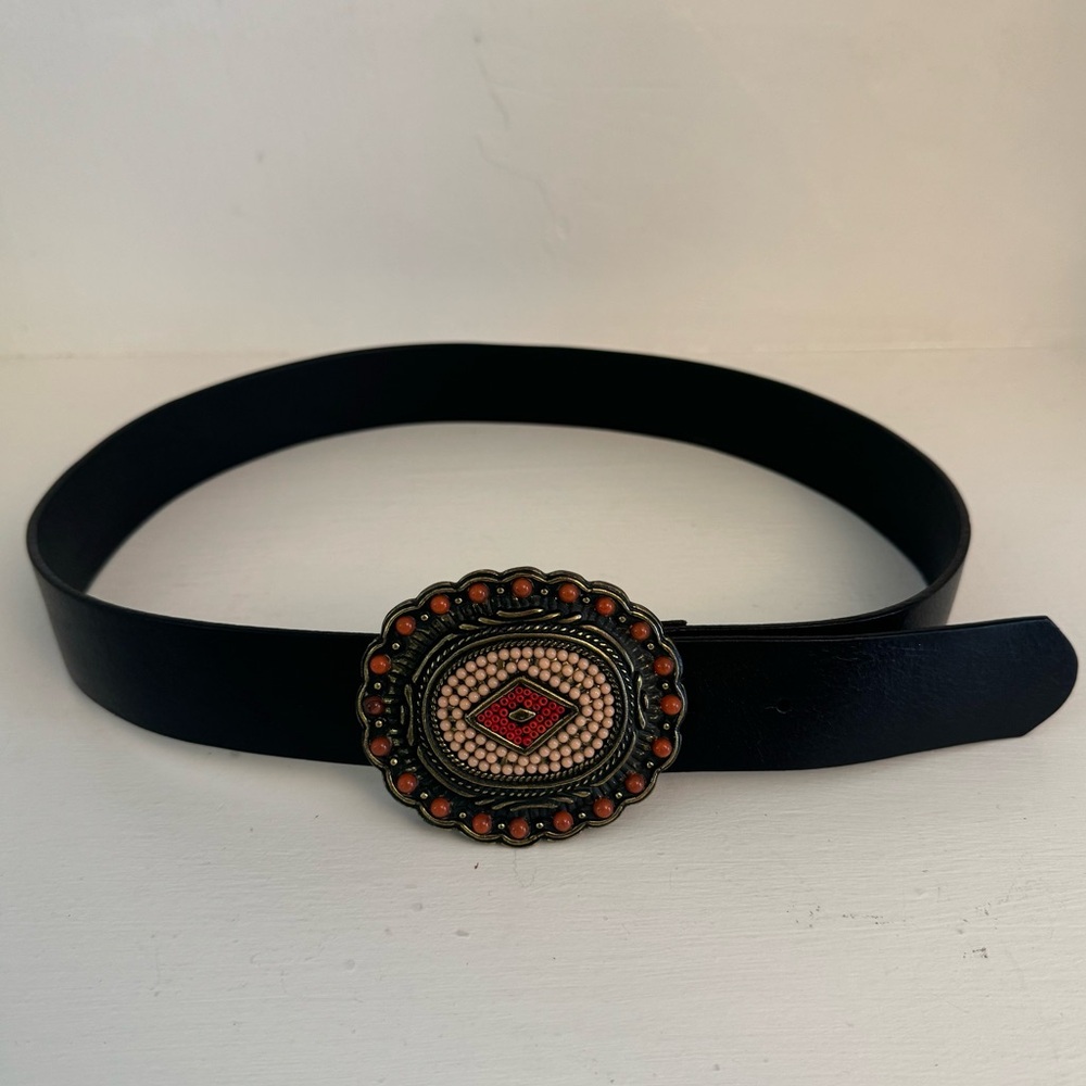 Chinese Laundry Black Leather Belt with Colorful Oval Buckle Womens Size Medium
